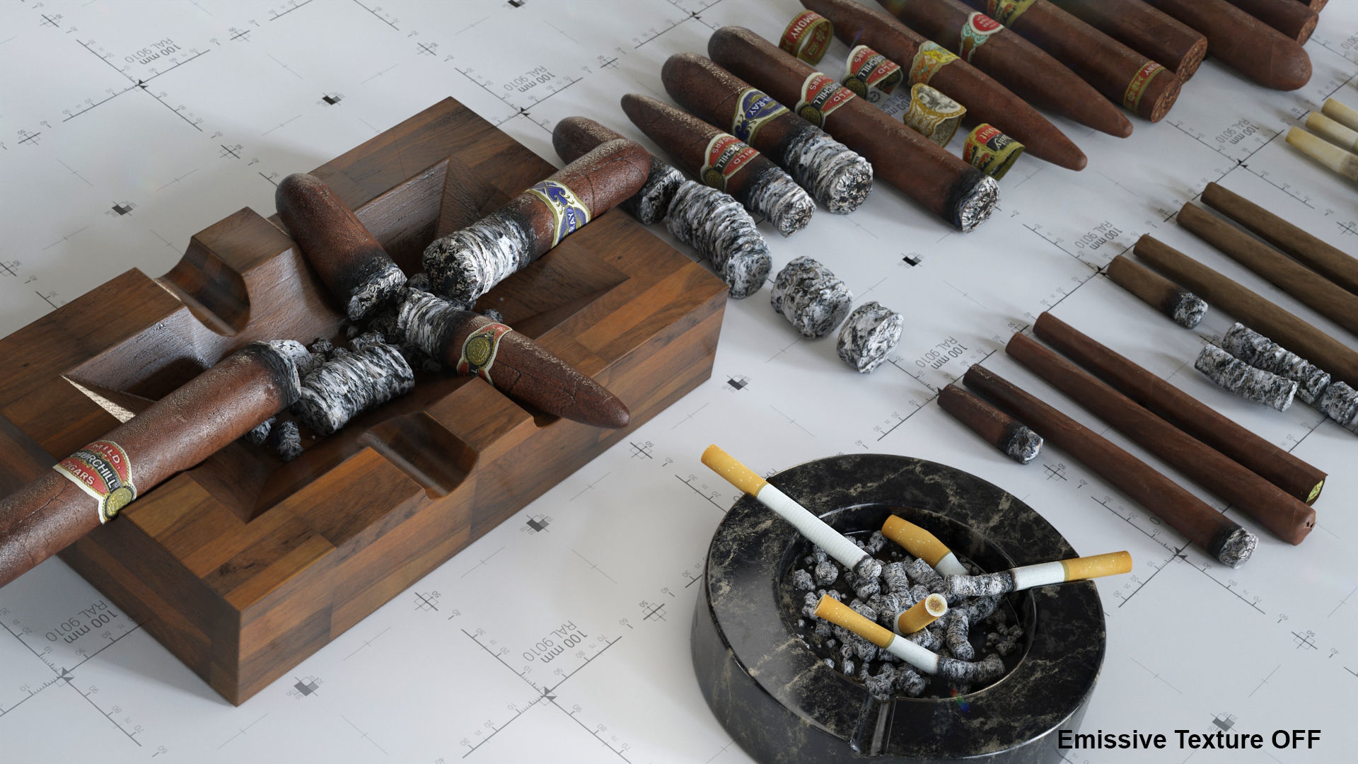 Cigars Cigarettes Joints Blunts and Ashtrays - 3D AssetKit PBR Low-poly 3D model_4