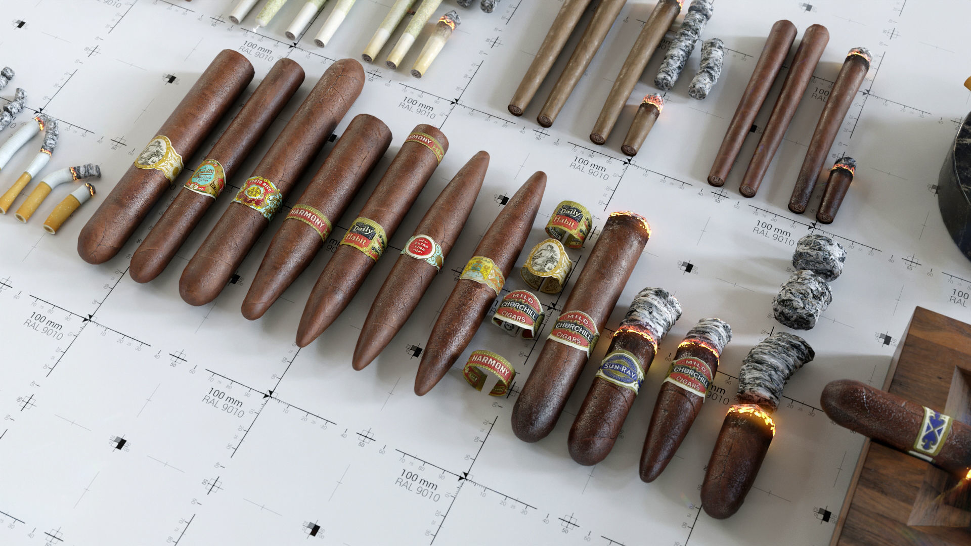 Cigars Cigarettes Joints Blunts and Ashtrays - 3D AssetKit PBR Low-poly 3D model_5