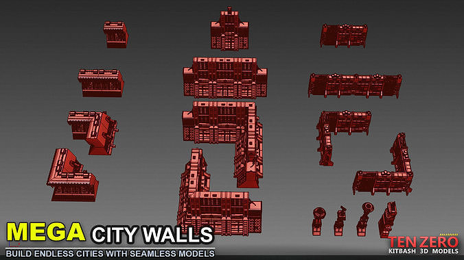 MEGA CITY WALLS SCI-FI KITBASH 3D model 4