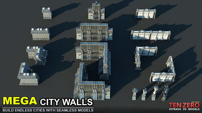 MEGA CITY WALLS SCI-FI KITBASH 3D model 2