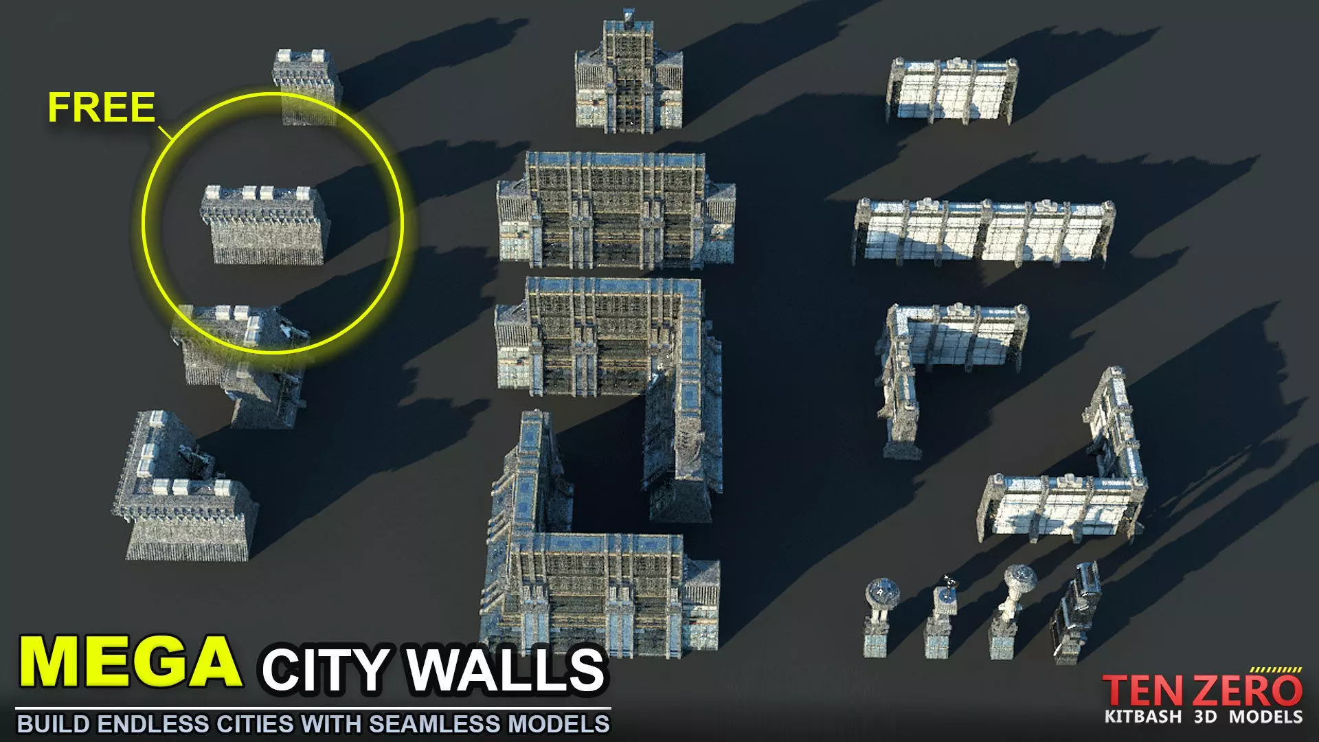 FREE MEGA CITY WALLS SCI-FI KITBASH 3D model Free 3D model_0