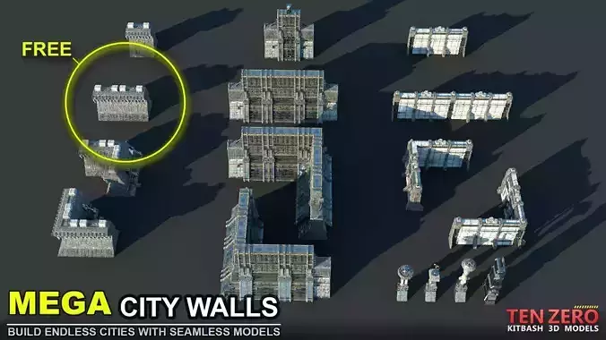 FREE MEGA CITY WALLS SCI-FI KITBASH 3D model Free 3D model