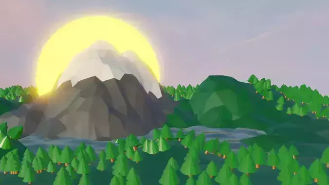 low poly mountain landscape with mountains and trees