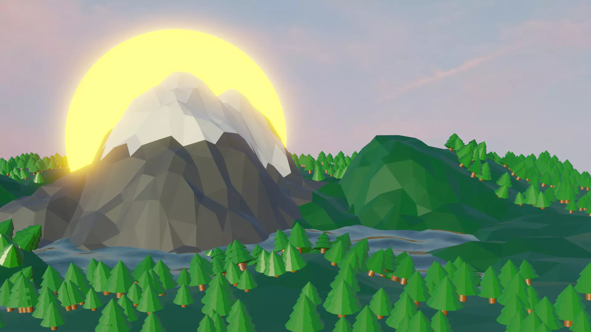 low poly mountain landscape with mountains and trees Free low-poly 3D model_0