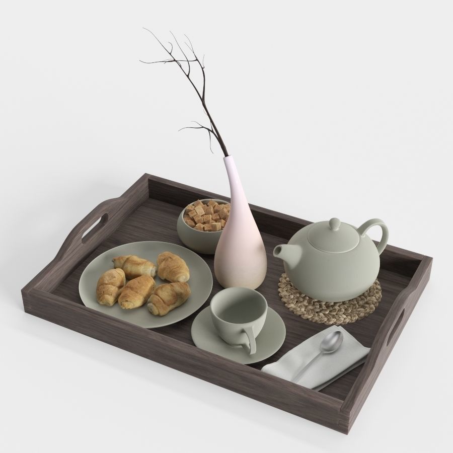 Wooden tray with breakfast on it 3D model_2