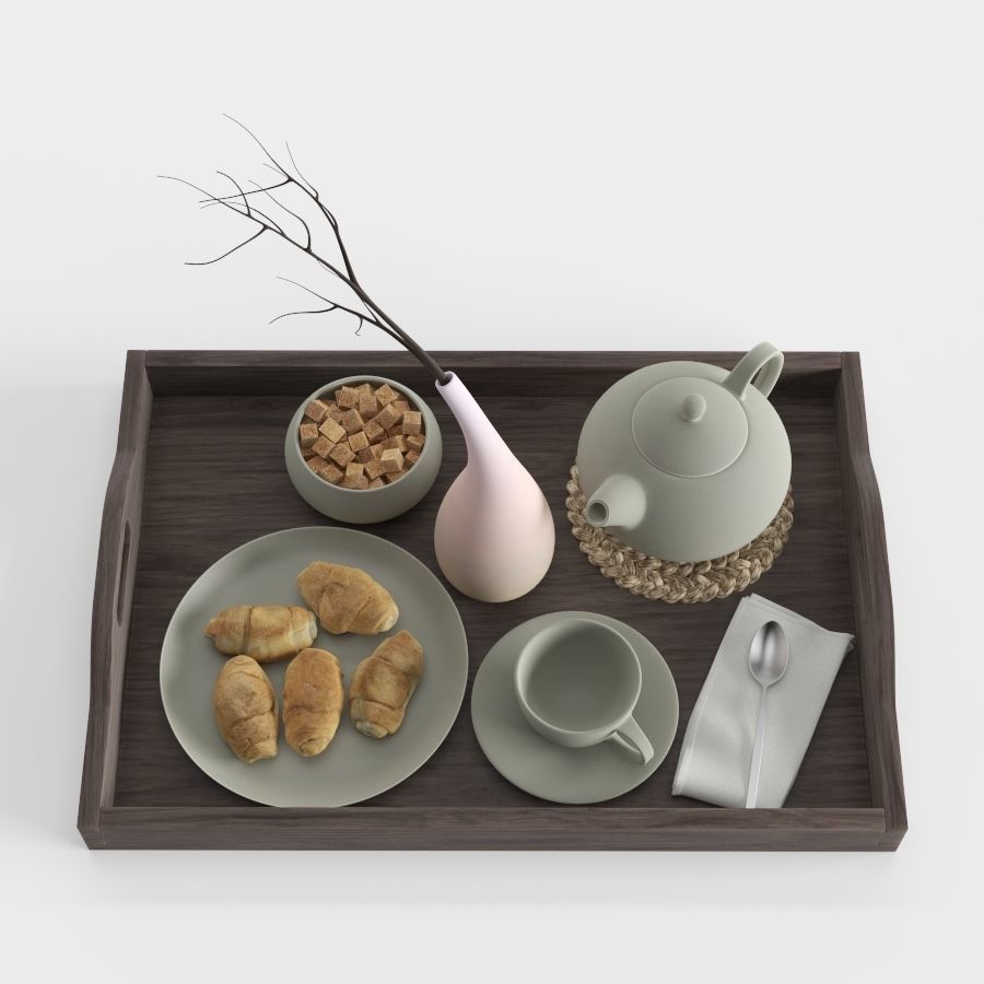 Wooden tray with breakfast on it 3D model_8
