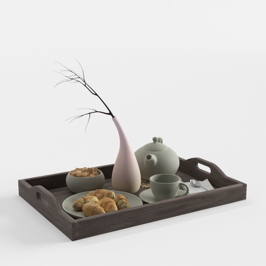 Wooden tray with breakfast on it 3D model_1