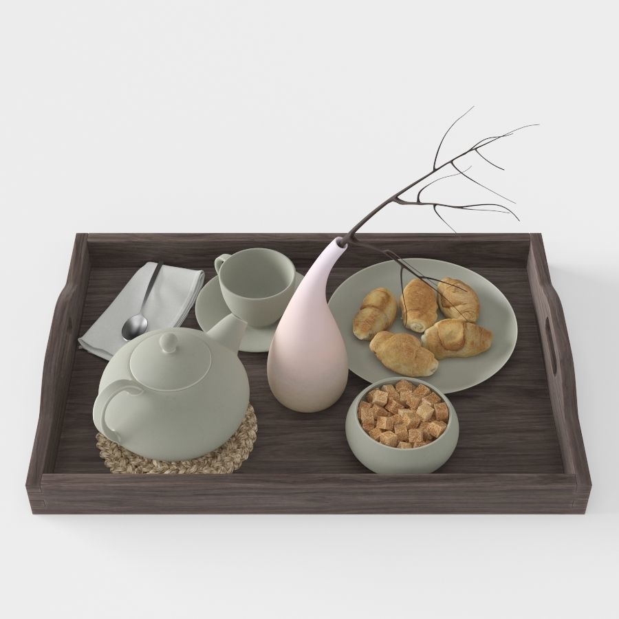 Wooden tray with breakfast on it 3D model_3