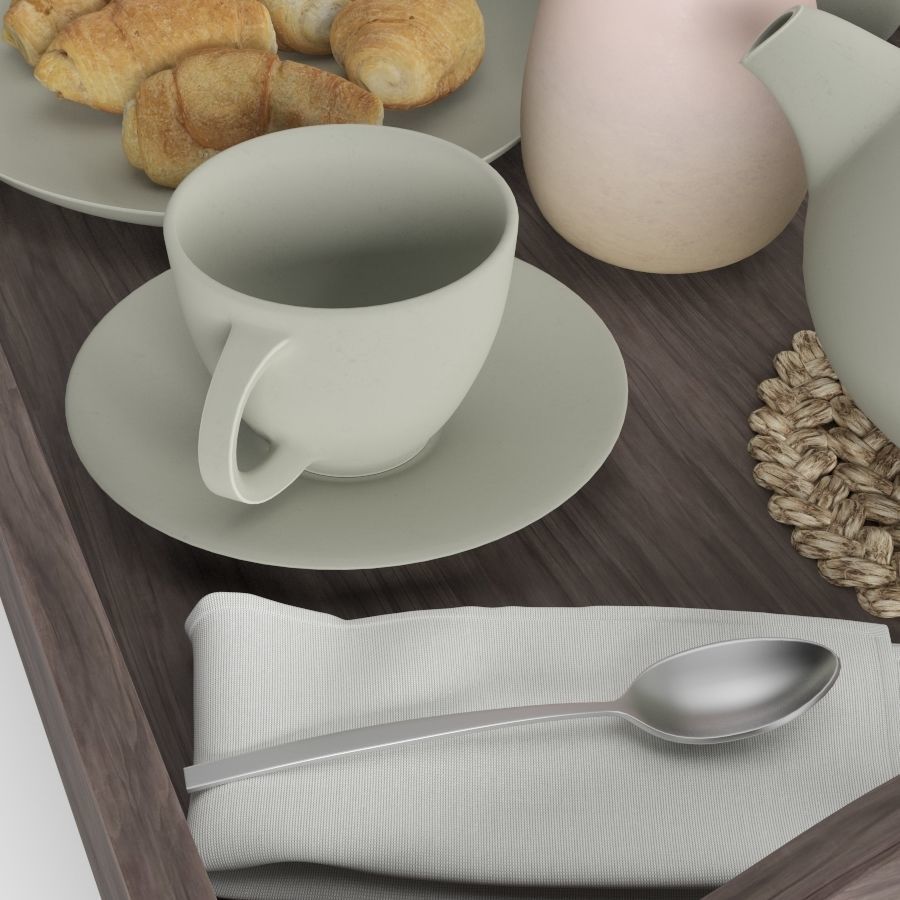 Wooden tray with breakfast on it 3D model_7