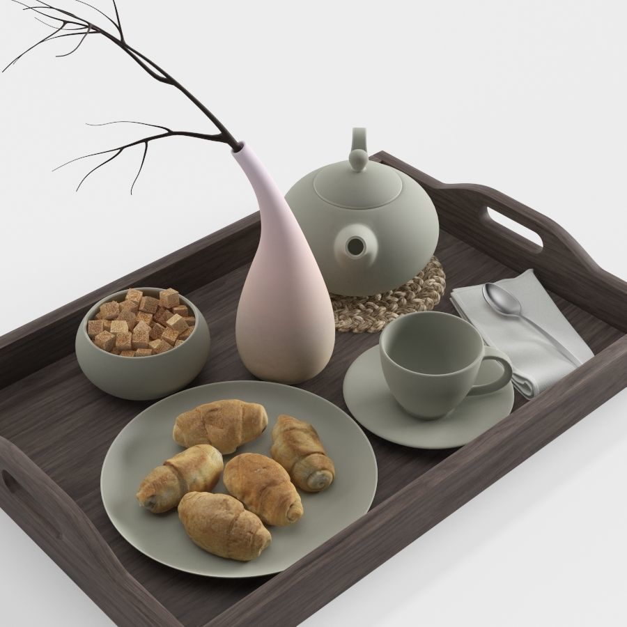Wooden tray with breakfast on it 3D model_4