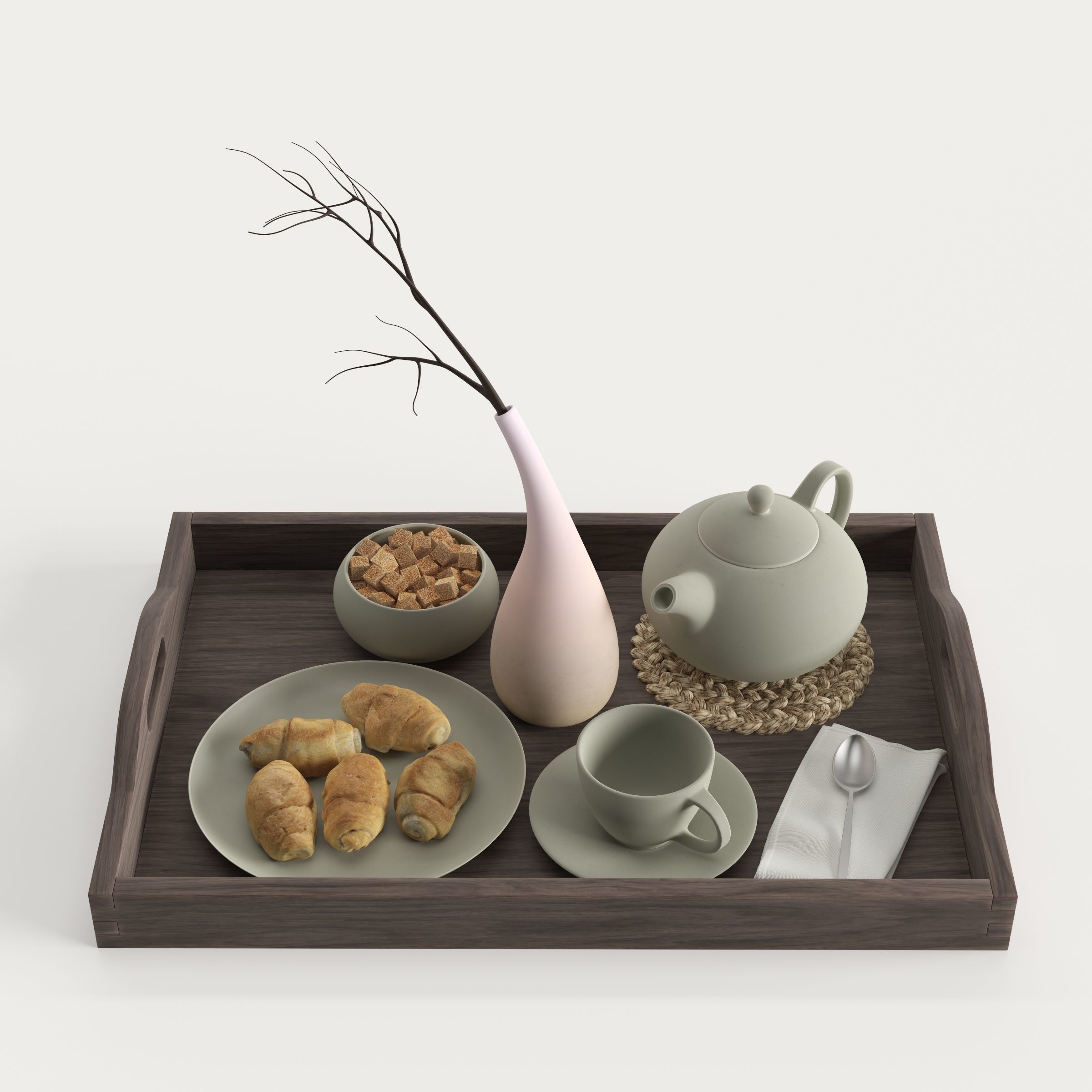 Wooden tray with breakfast on it