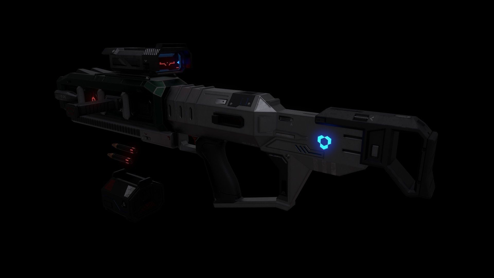 Scifi Heavy Machine Gun Magazine Bullets Triger Eject Button Low-poly 3D model_12