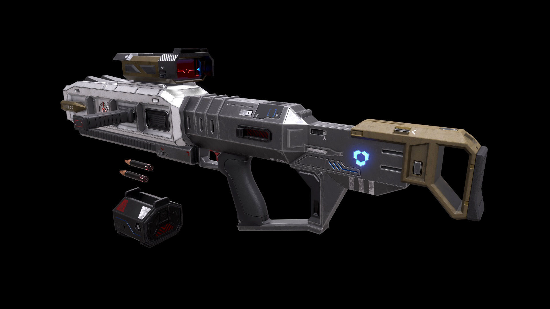 Scifi Heavy Machine Gun Magazine Bullets Triger Eject Button Low-poly 3D model_8