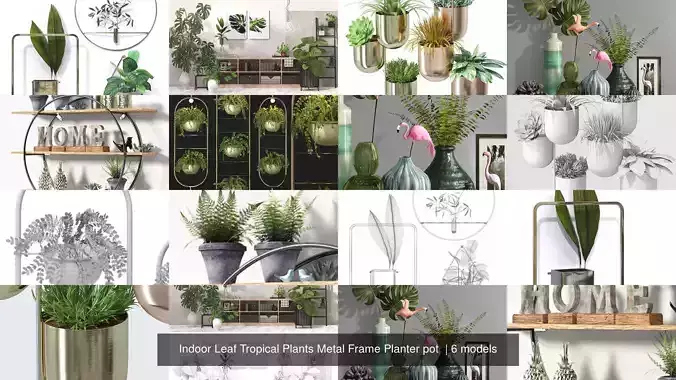 Indoor Leaf Tropical Plants Metal Frame Planter pot  3D Model Collection
