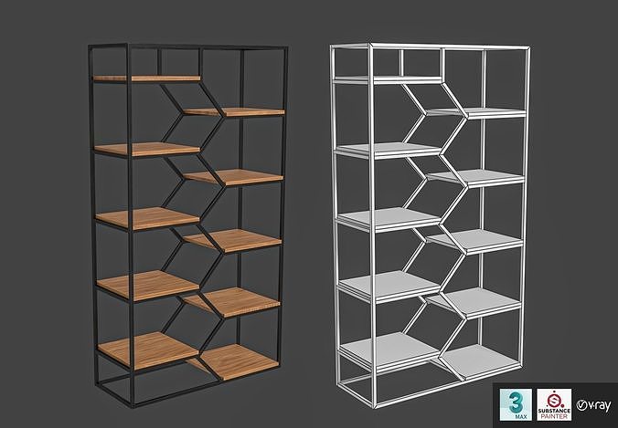 Shelf metal bookcase with wooden shelves 3D model