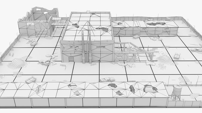 Abandoned Area - Ruined Factory  Low-poly 3D model 3