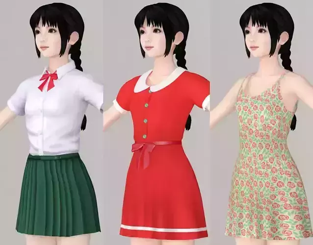  T pose nonrigged model of Kumiko with various outfit  3D model