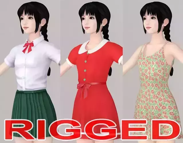 T pose rigged model of Kumiko with various outfit 3D model