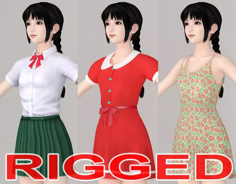T pose rigged model of Kumiko with various outfit 3D model_0
