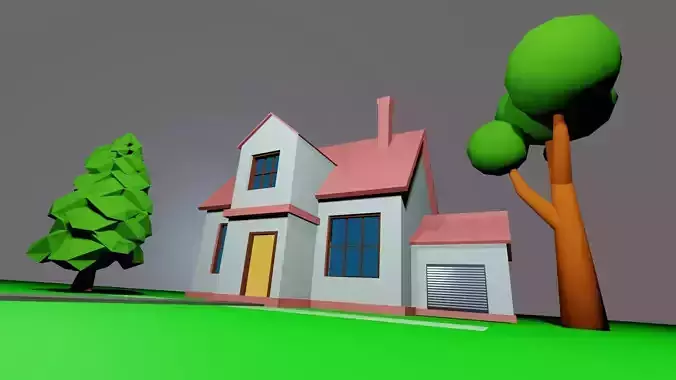 Low Poly Home with Tree and low light