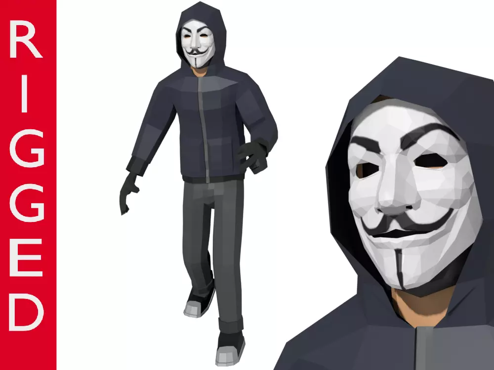 Low-Poly Hacker Anonymous Low Poly 3D rigged model Cartoon Low-poly 3D model_0