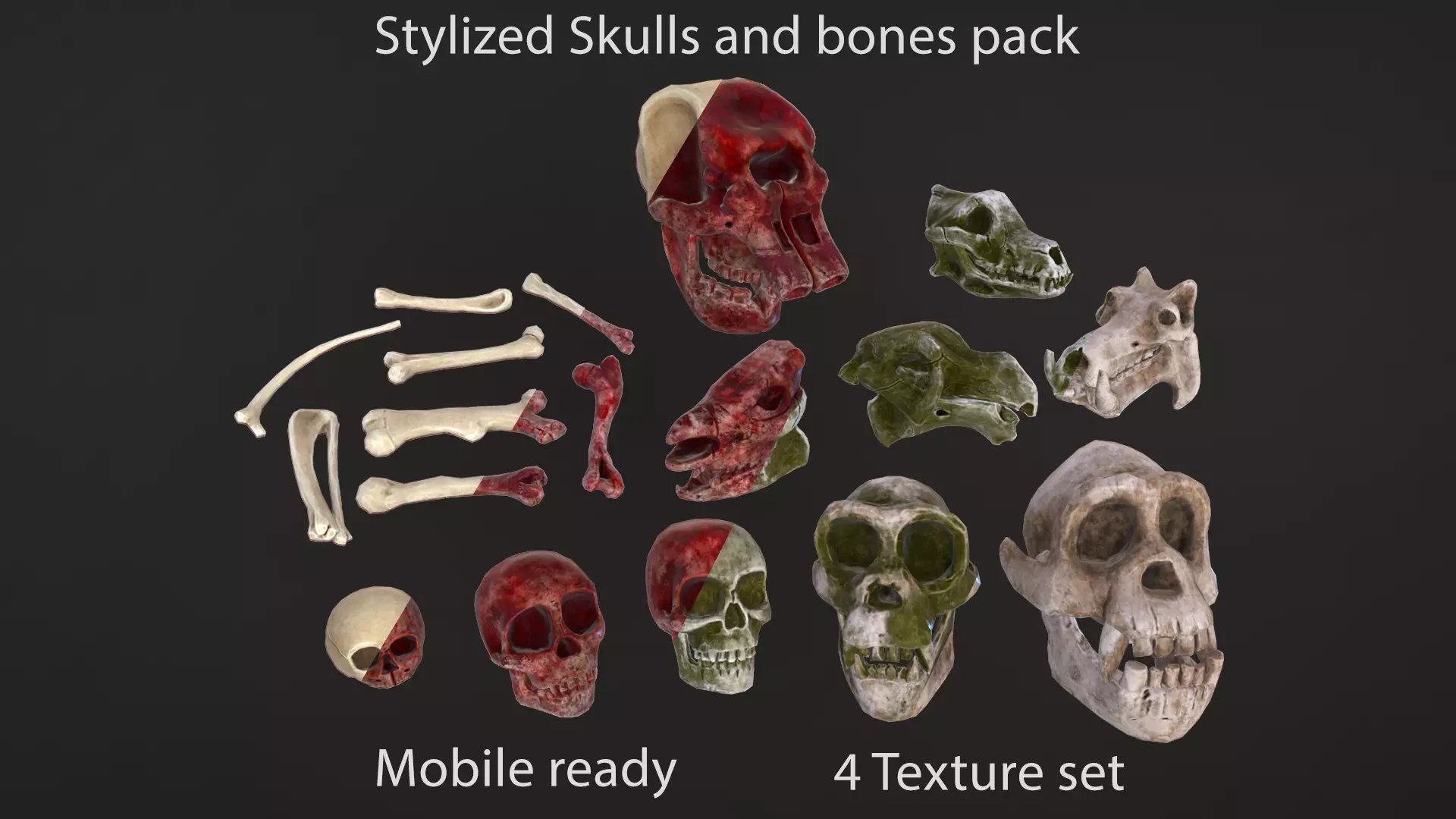 Stylized Skulls and bones pack Low-poly 3D model_0