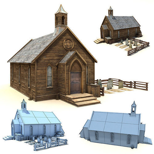 Low Poly Wild West Church Low-poly 3D model