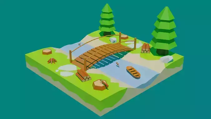 Island -2 wooden bridge in middle of forest