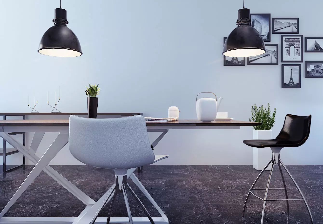 kitchen modern dining room with pendant lights 3D model_0