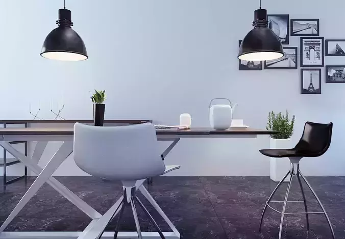 kitchen modern dining room with pendant lights 3D model