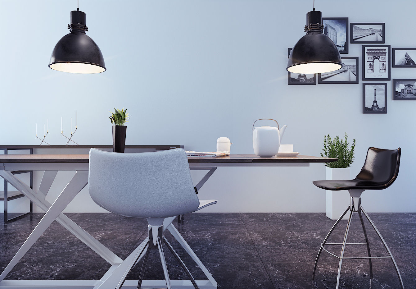 kitchen modern dining room with pendant lights 3D model_2