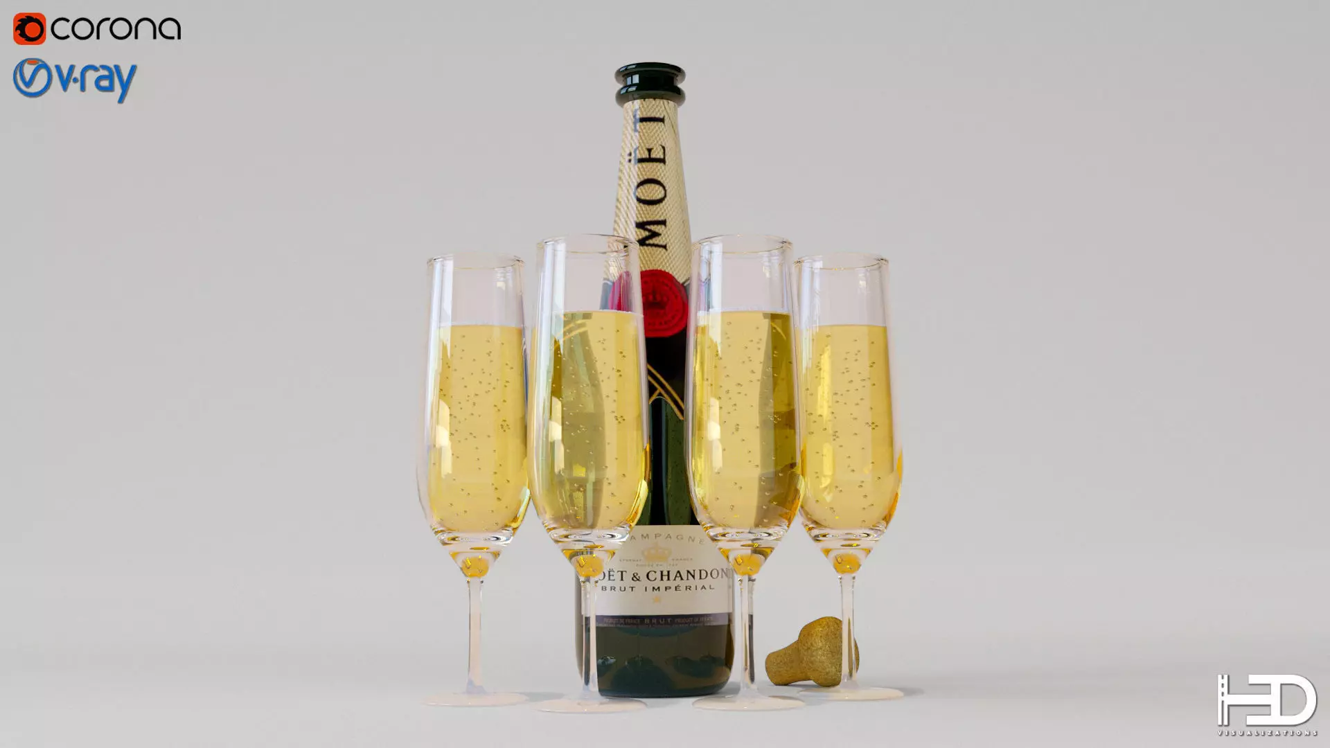3D model Champagne bottle and glasses Moet 3D model