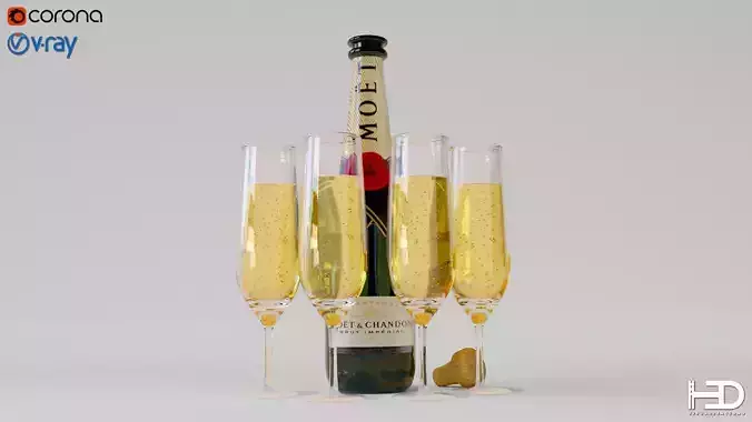 3D model Champagne bottle and glasses Moet