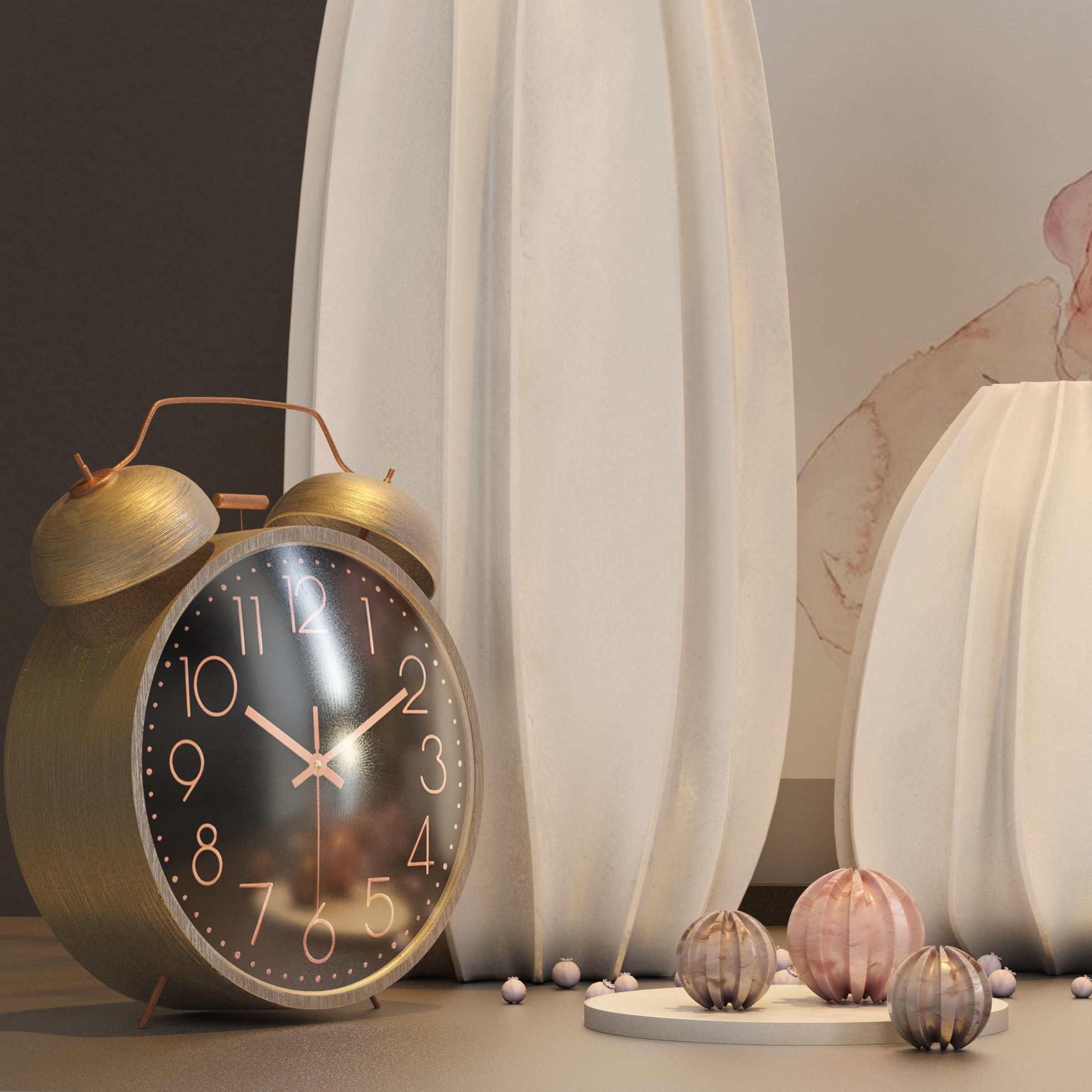 decorative set vases with flowers and clock 3D model_2