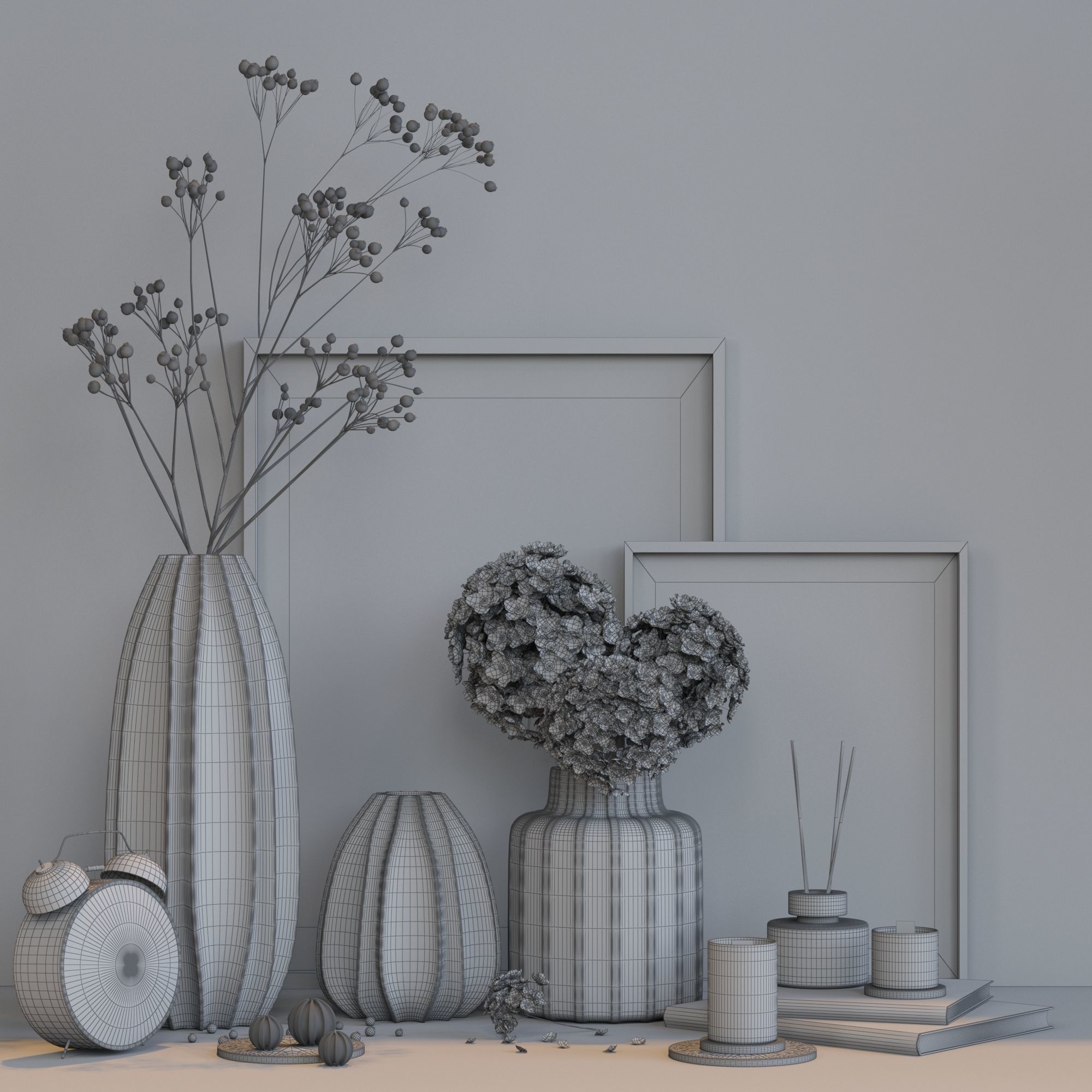 decorative set vases with flowers and clock 3D model_3