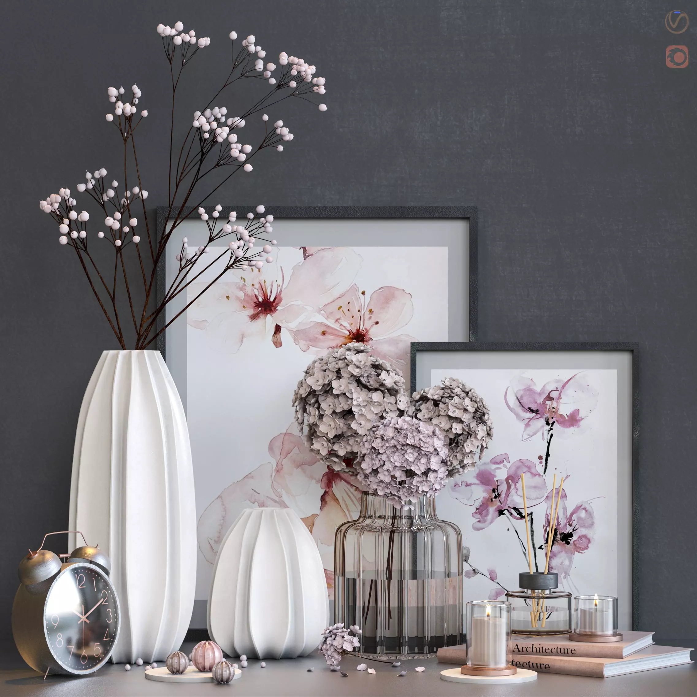 decorative set vases with flowers and clock 3D model_0