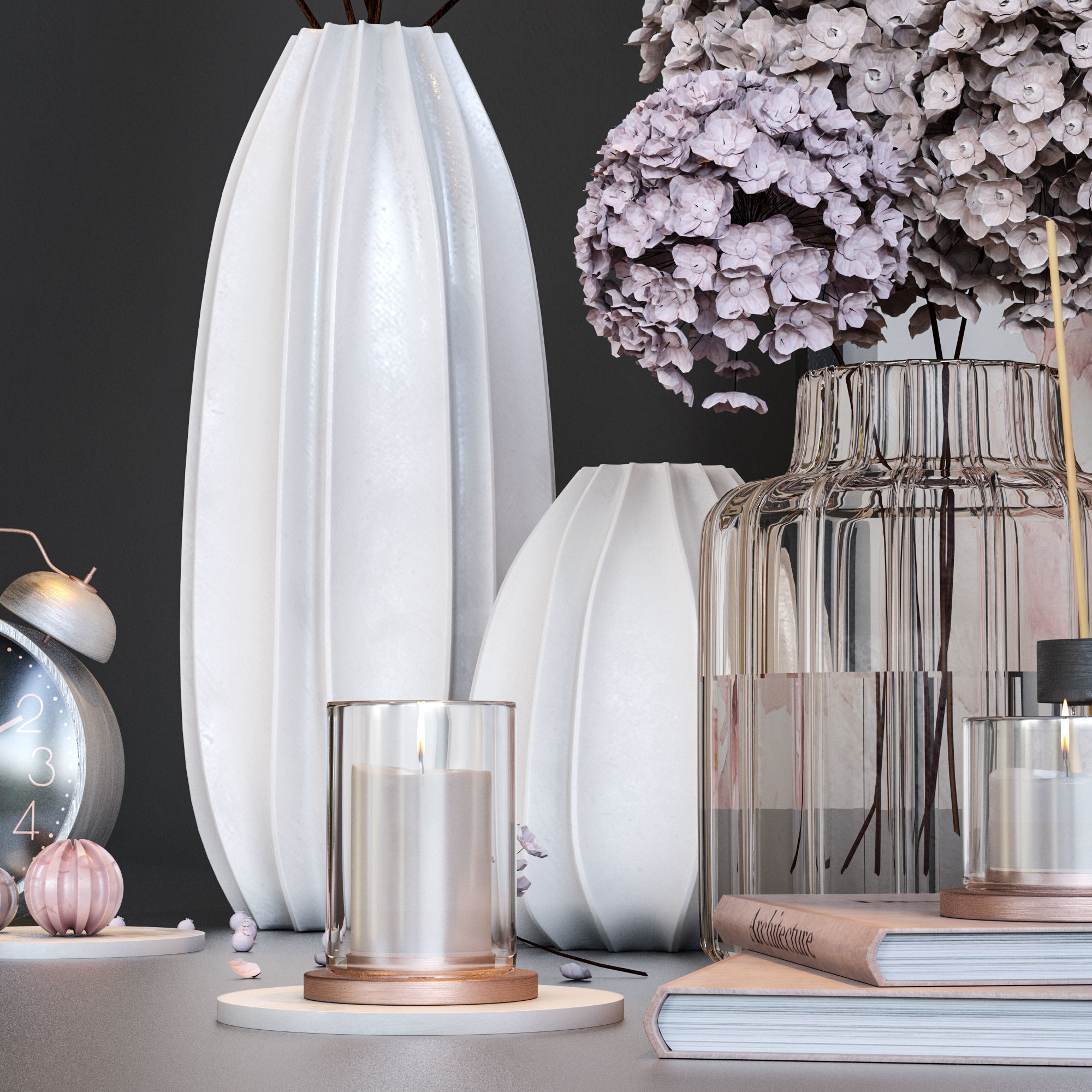 decorative set vases with flowers and clock 3D model_1