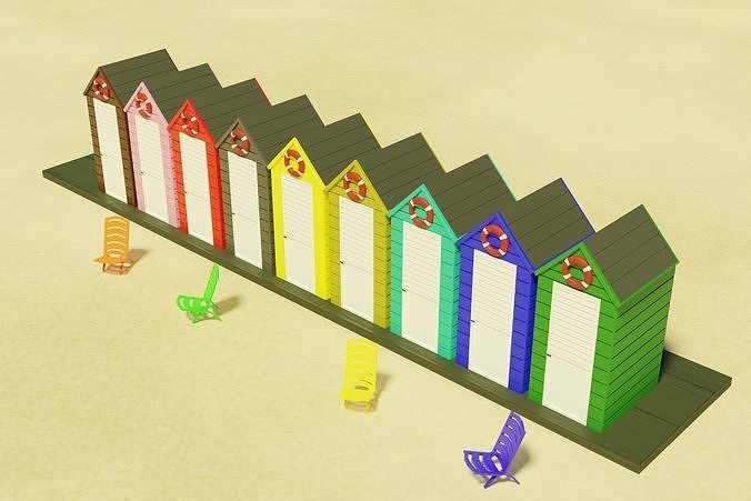 Beach cabins and chairs Low-poly 3D model