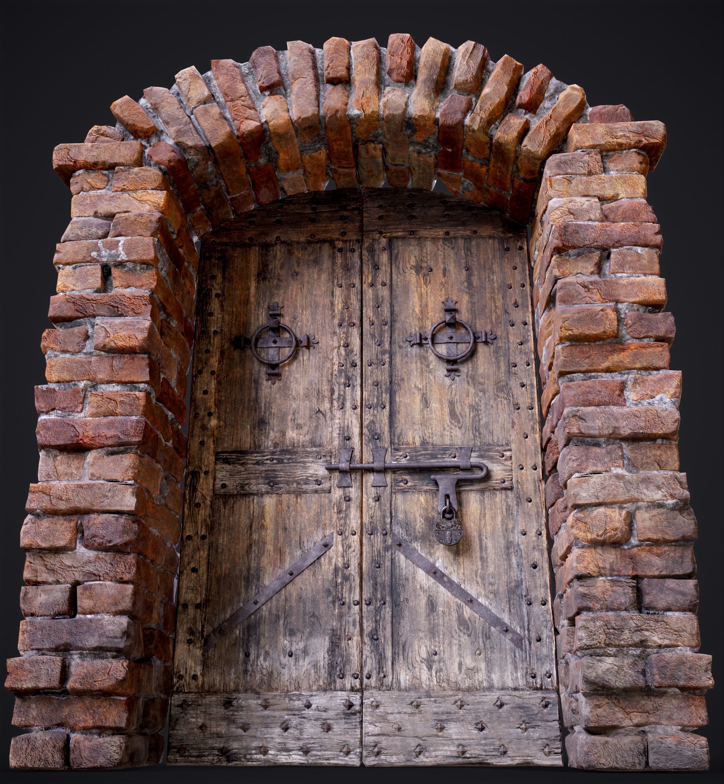 Old Medieval Door with an Arch Low-poly 3D model_28