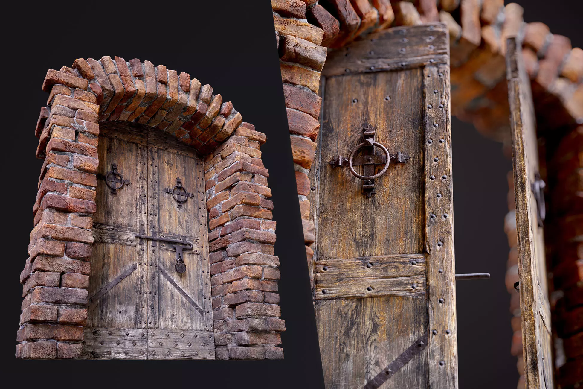Old Medieval Door with an Arch Low-poly 3D model_0