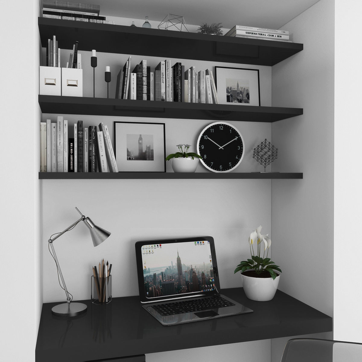 Workplace home office with bookshelves and desk Low-poly 3D model_1