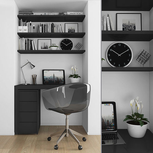 Workplace home office with bookshelves and desk Low-poly 3D model