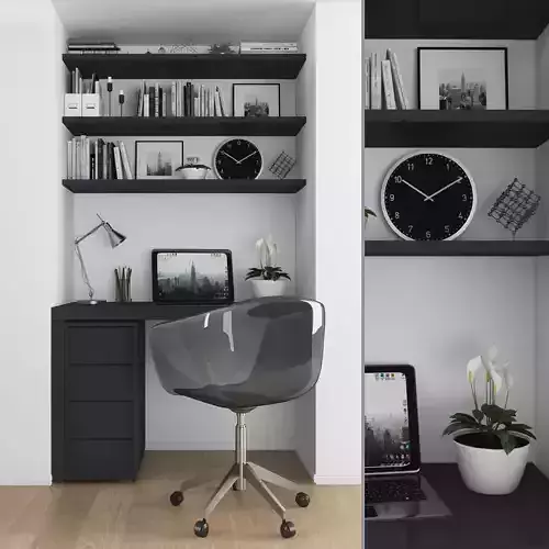 Workplace home office with bookshelves and desk Low-poly 3D model