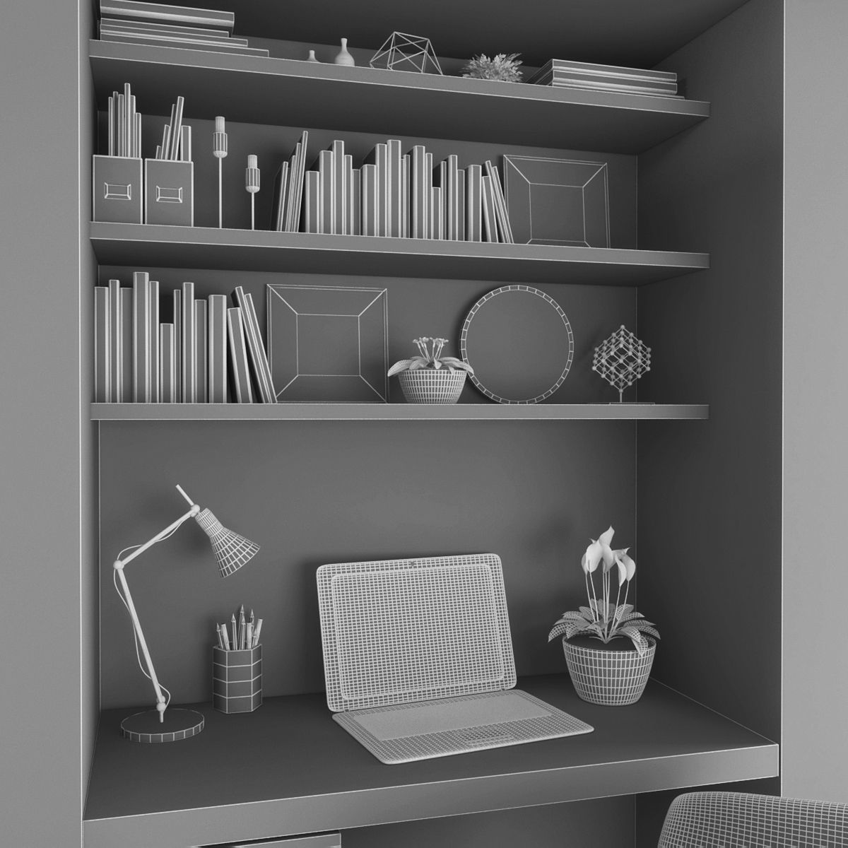 Workplace home office with bookshelves and desk Low-poly 3D model_2