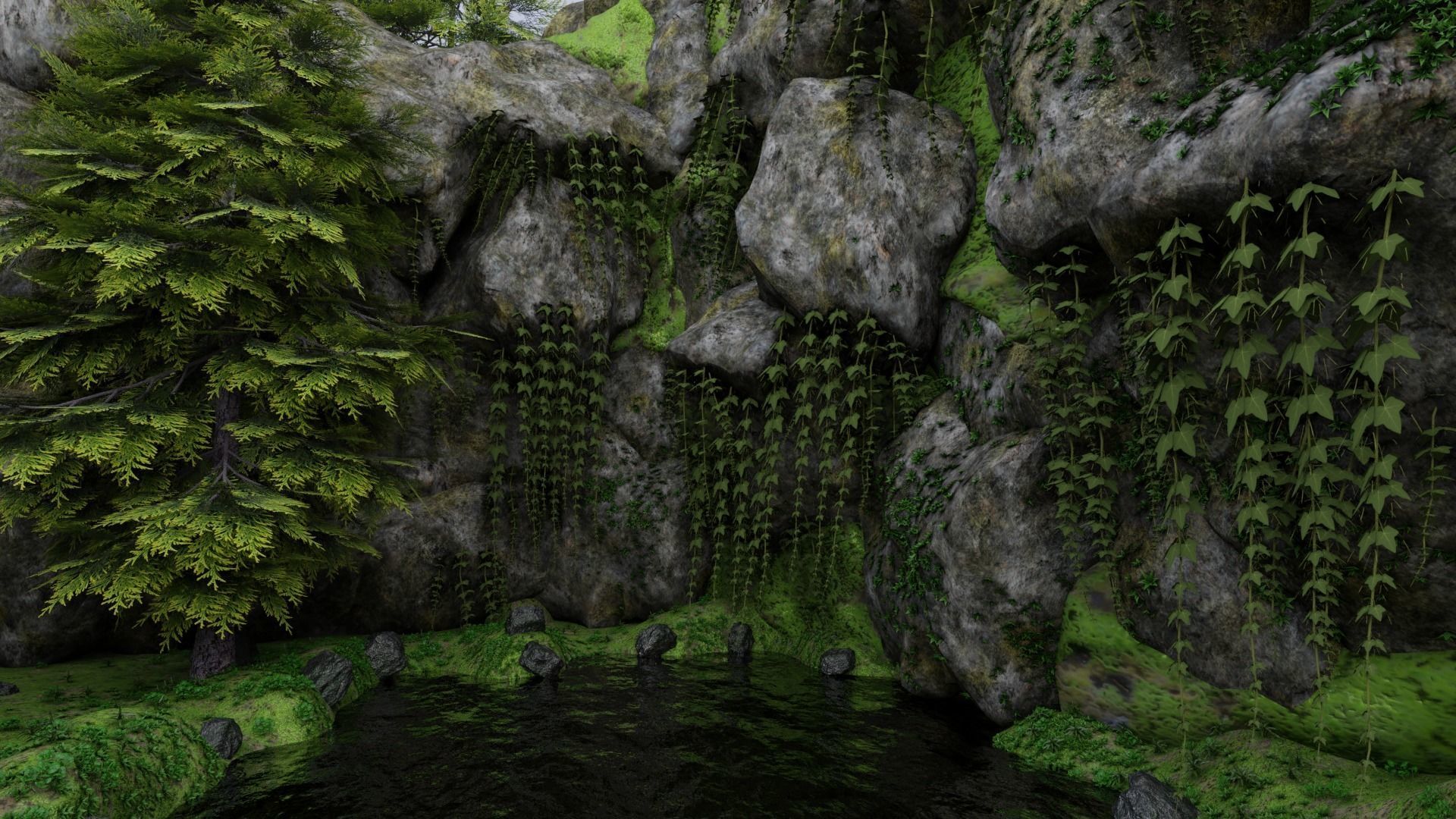 Scene rock garden with trees and rocks 3D model_5