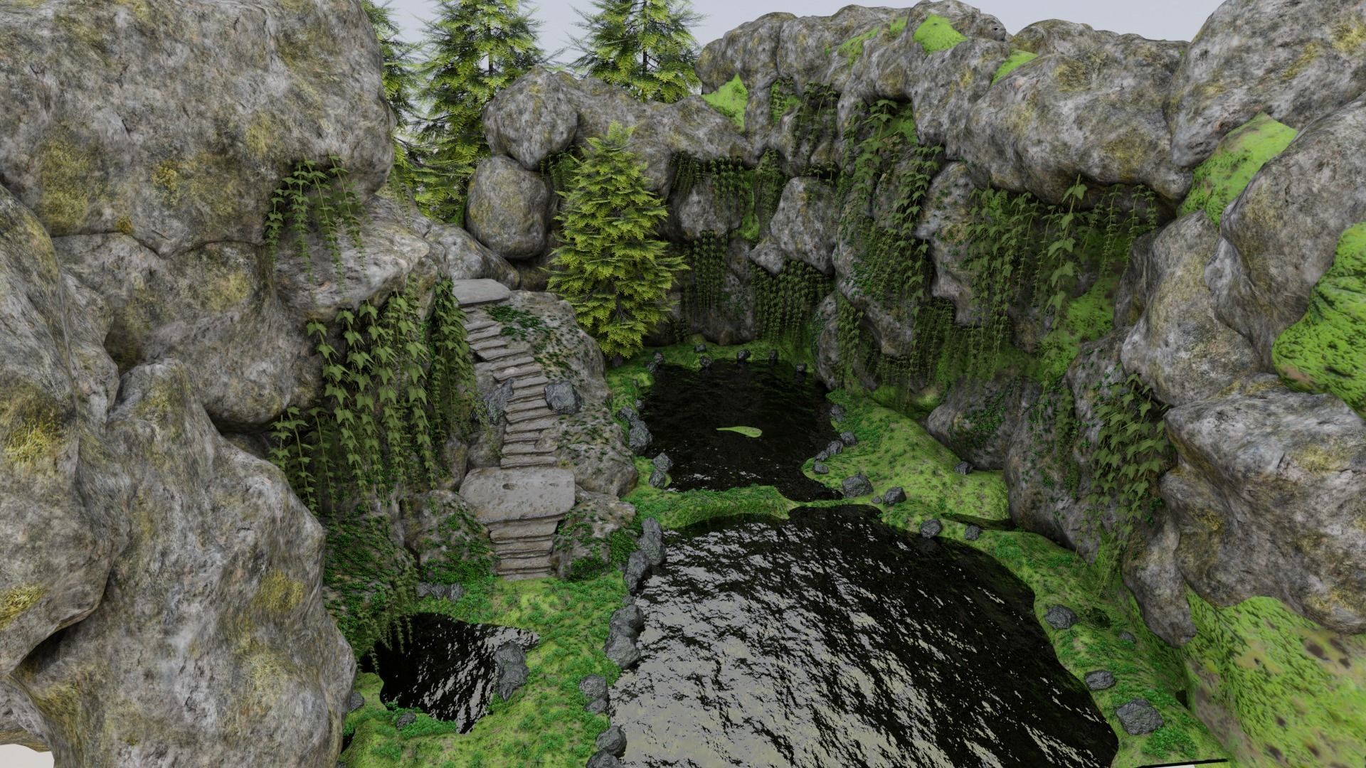 Scene rock garden with trees and rocks 3D model_8