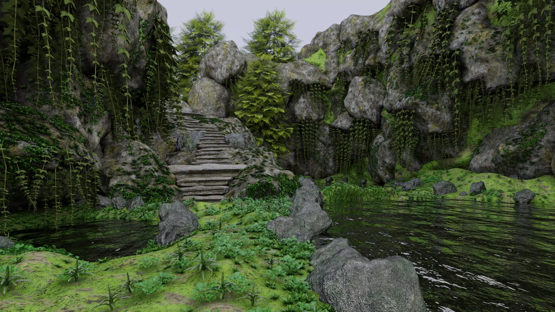 Scene rock garden with trees and rocks 3D model_0