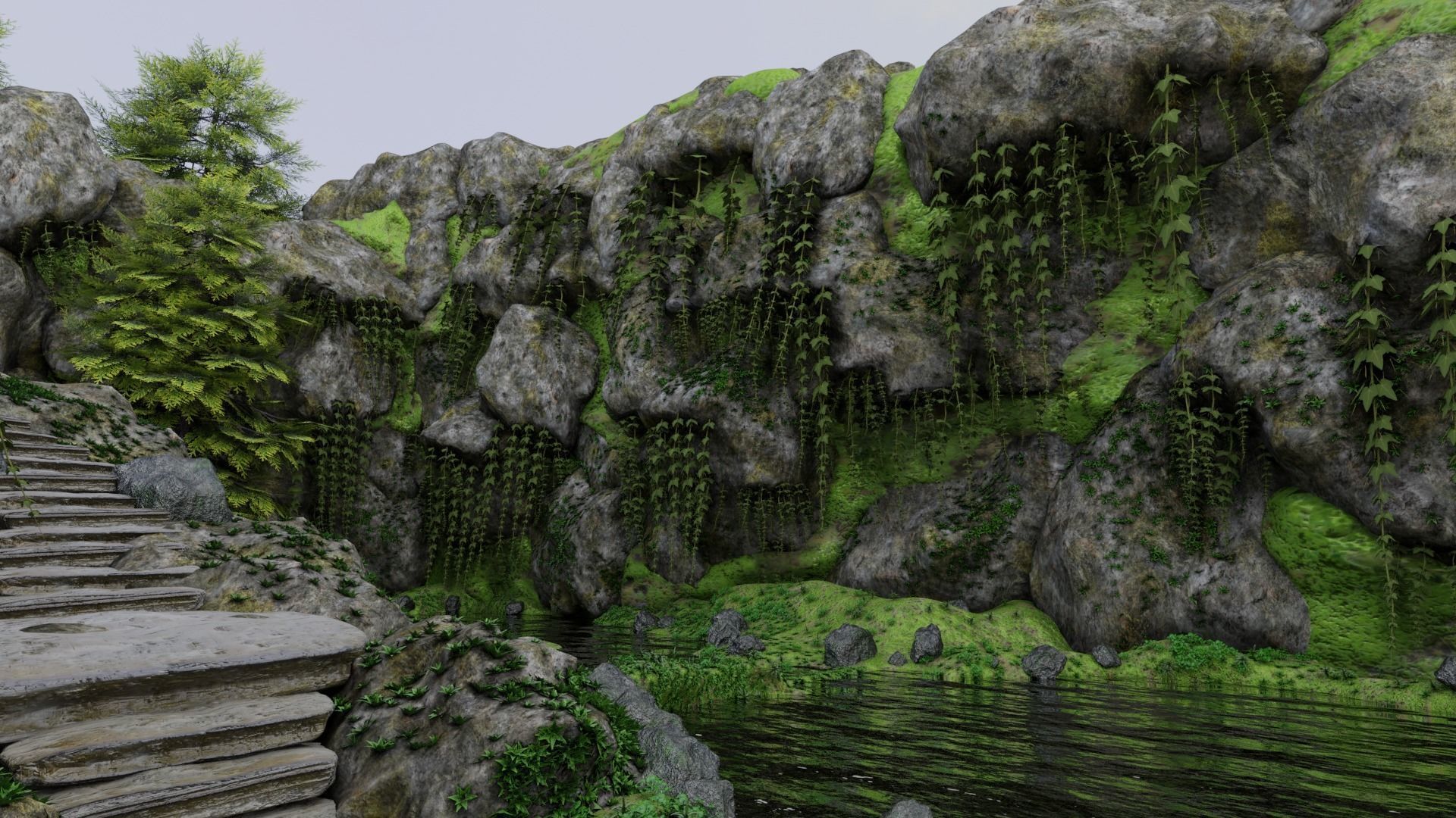 Scene rock garden with trees and rocks 3D model_6