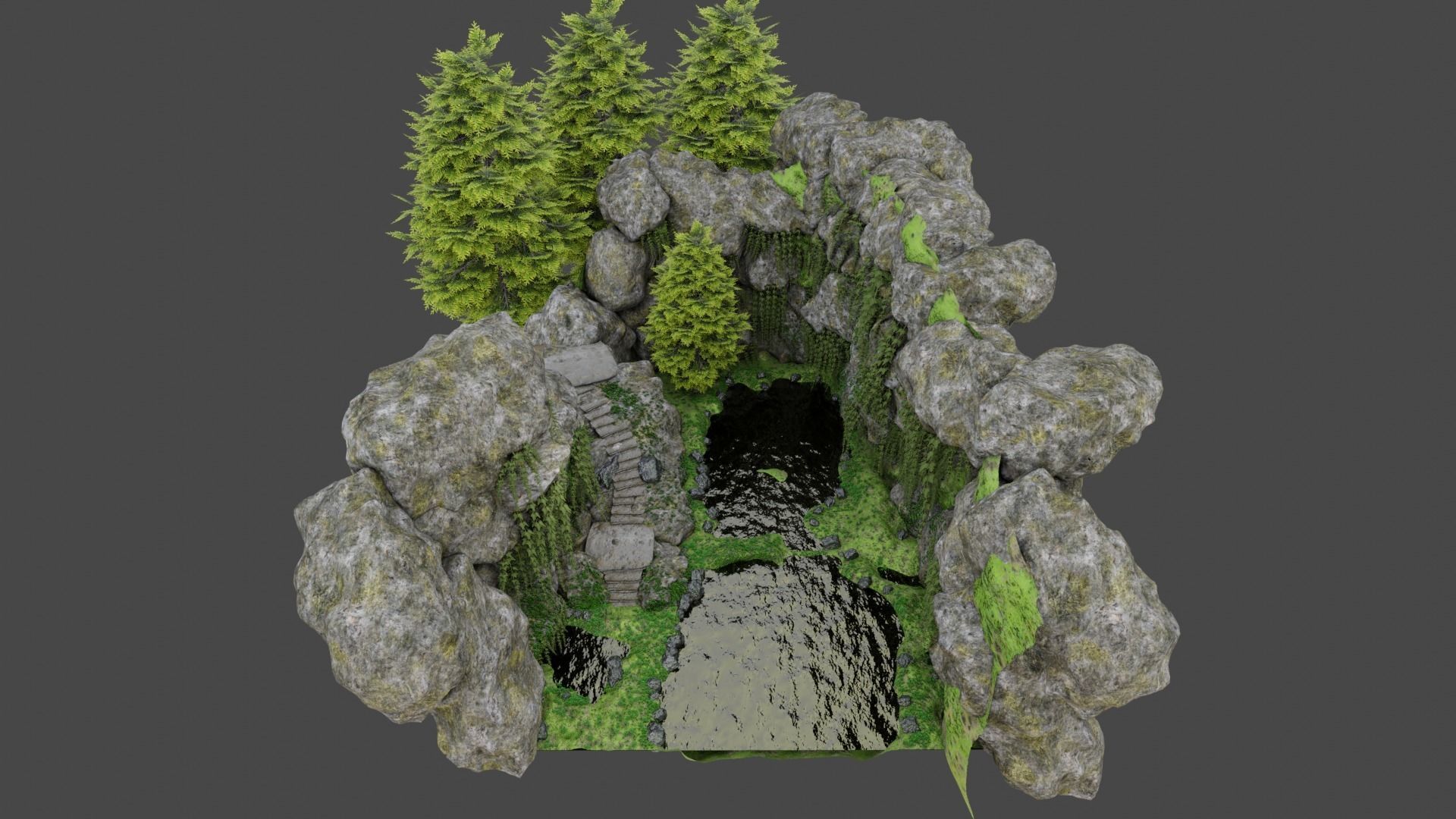 Scene rock garden with trees and rocks 3D model_9