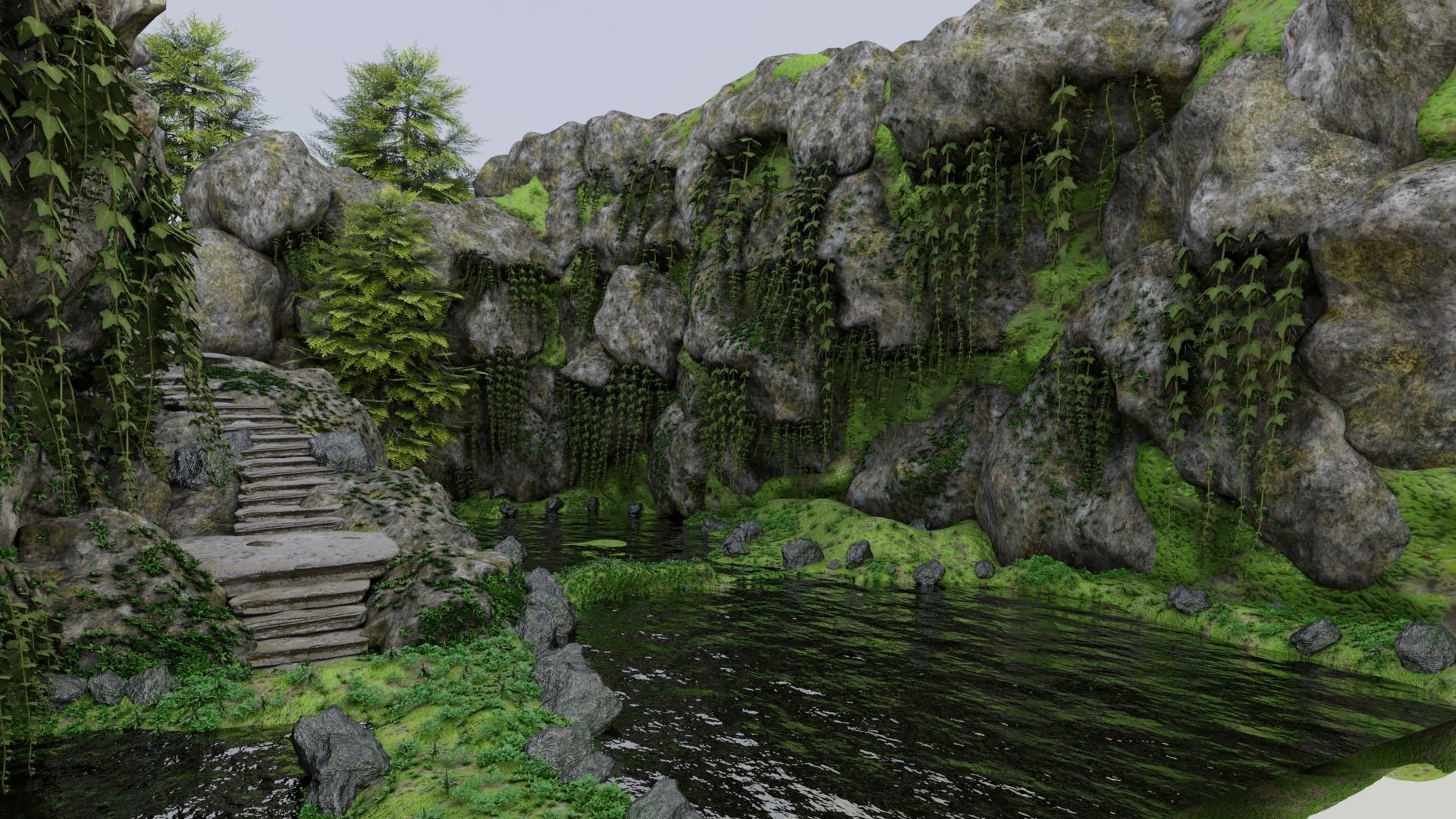 Scene rock garden with trees and rocks 3D model_7